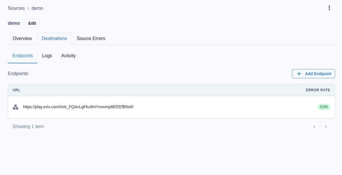 screenshot of the Ingest Dashboard showing the Destination/Endpoints tab for a Source named "demo"